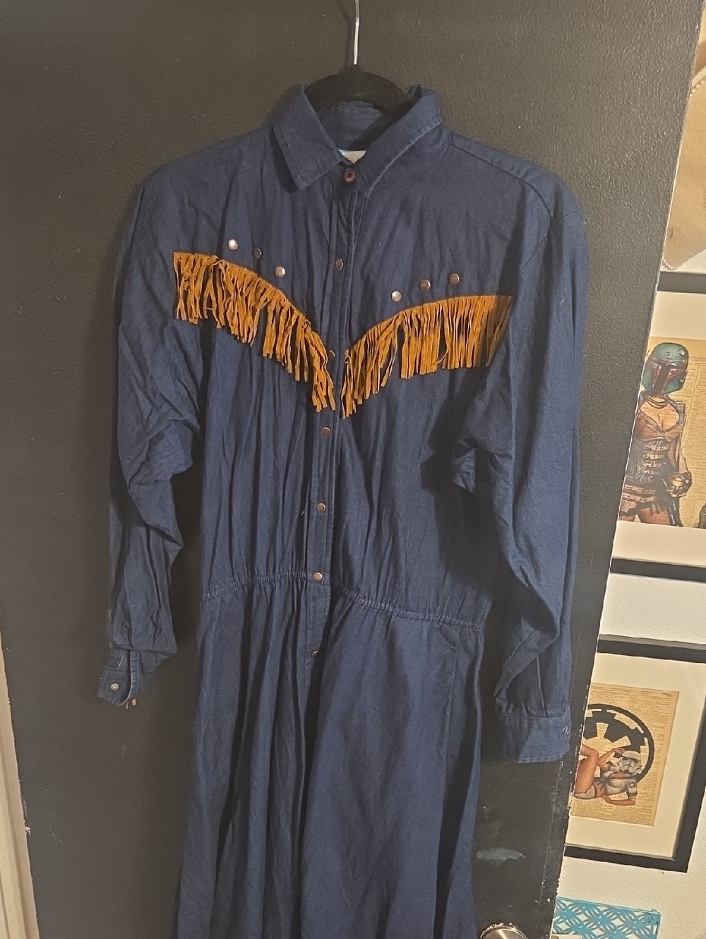 Vintage Karman Navy Blue Long-Sleeve Dress with Mustard Fringe And Metal Grome